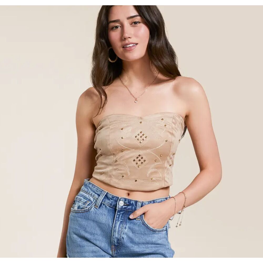 NWT Buckle Blue B Studded Faux Suede Tube Top S Western Brown Sand Lace Up Back